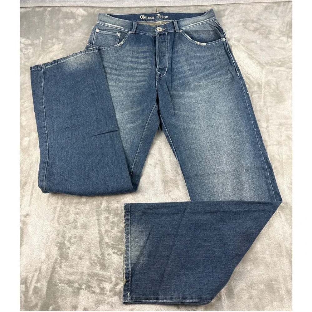 Guess Jeans Mens 33 Blue Medium Wash Straight Leg Distressed Denim X721L057